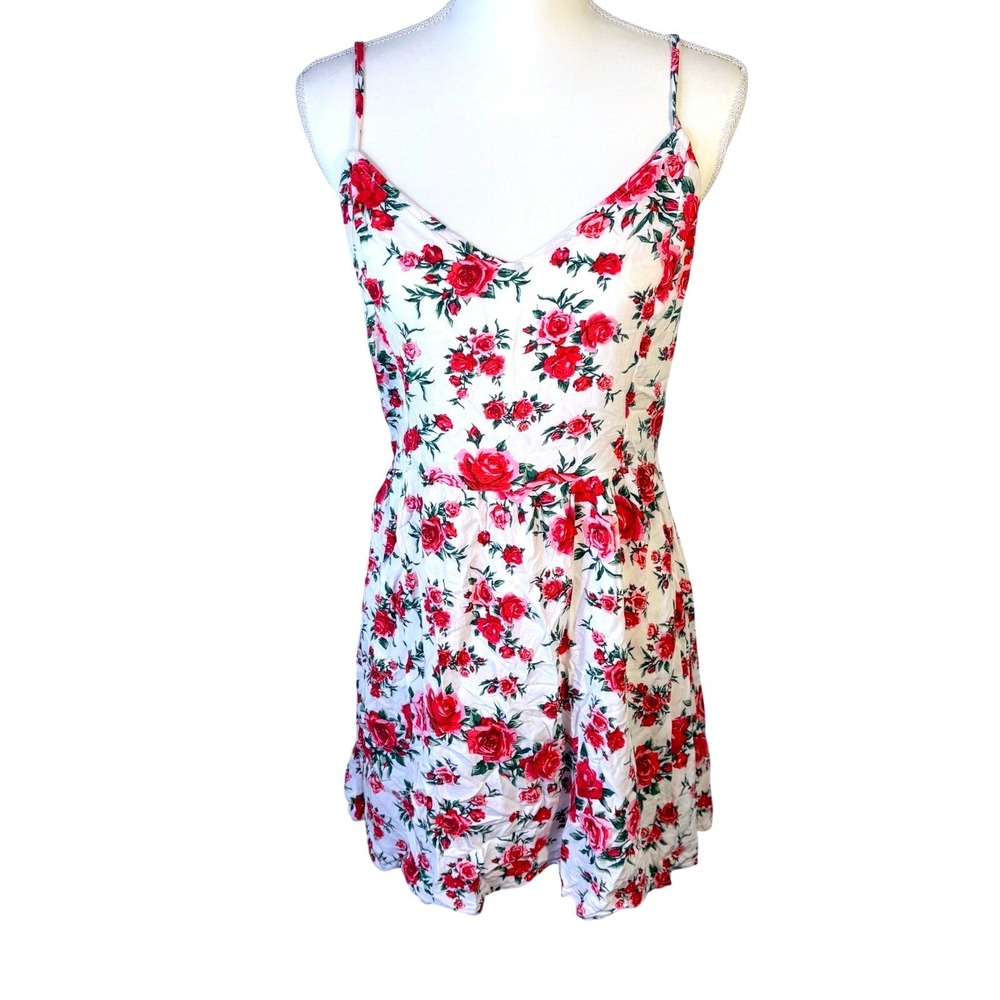 H&M Divided Mini Dress Womens 12 White Red Floral Rose Smocked Back Woven V-Neck